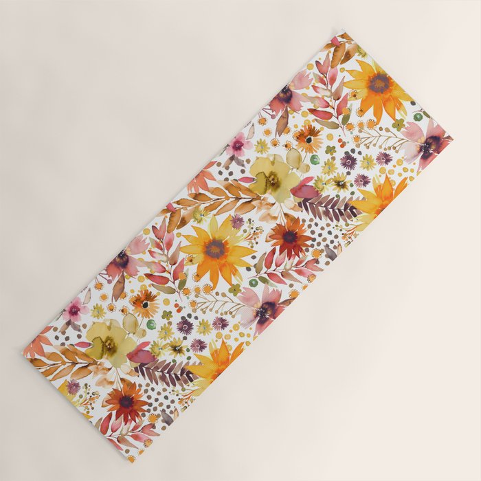 Watercolor Autumn Floral Sunflowers Warm Orange Yoga Mat Gallery Image 1