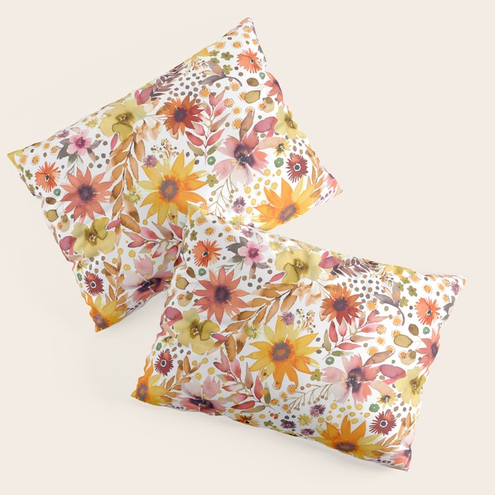 Watercolor Autumn Floral Sunflowers Warm Orange Pillow Sham Gallery Image 3