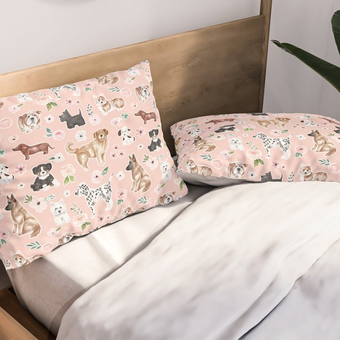 Watercolor Dog Painting, Pink Floral, Dog Pattern, Puppy Dog Decor, Pets, Cute Dogs Pillow Sham Gallery Image 2