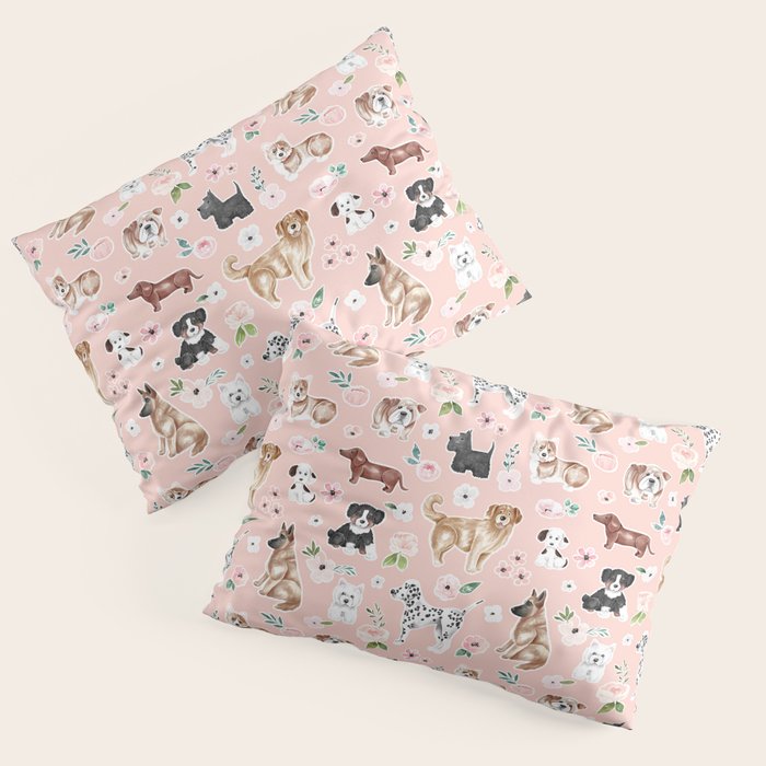 Watercolor Dog Painting, Pink Floral, Dog Pattern, Puppy Dog Decor, Pets, Cute Dogs Pillow Sham Gallery Image 1