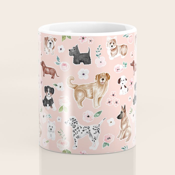 Watercolor Dog Painting, Pink Floral, Dog Pattern, Puppy Dog Decor, Pets, Cute Dogs Coffee Mug Gallery Image 4