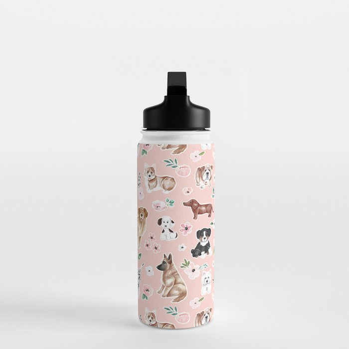 Watercolor Dog Painting, Pink Floral, Dog Pattern, Puppy Dog Decor, Pets, Cute Dogs Water Bottle Gallery Image 3