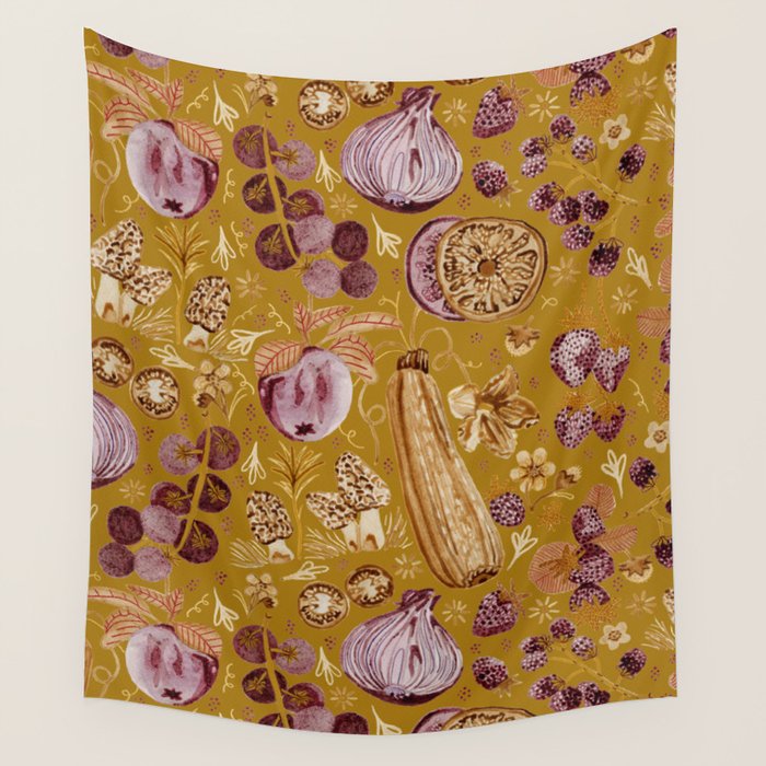 Garden Vegetables & Fresh Fruit in Harvest Yellow Wall Tapestry Gallery Image 4