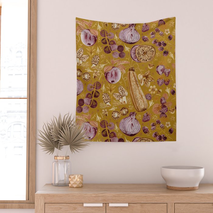 Garden Vegetables & Fresh Fruit in Harvest Yellow Wall Tapestry Gallery Image 2