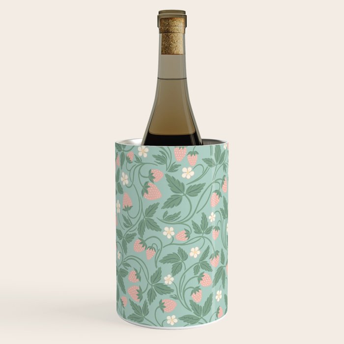 Strawberries - dusty pink and green on sky blue Wine Chiller Gallery Image 1