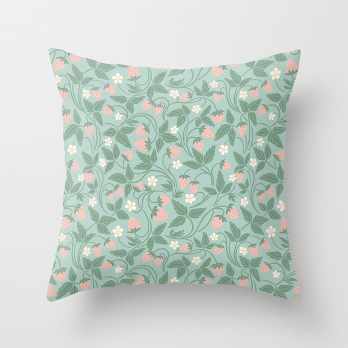 Strawberries - dusty pink and green on sky blue Throw Pillow Gallery Image 1