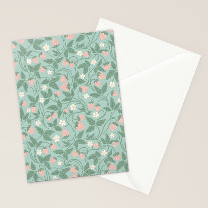 Strawberries - dusty pink and green on sky blue Stationery Card Gallery Image 2