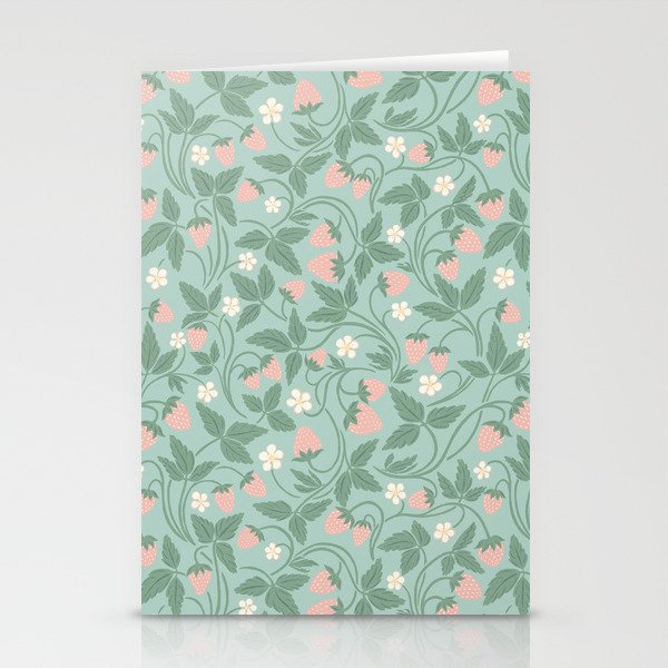 Strawberries - dusty pink and green on sky blue Stationery Card Gallery Image 2