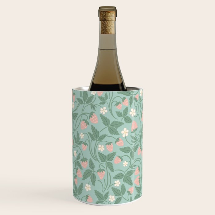 Strawberries - dusty pink and green on sky blue Wine Chiller Gallery Image 2