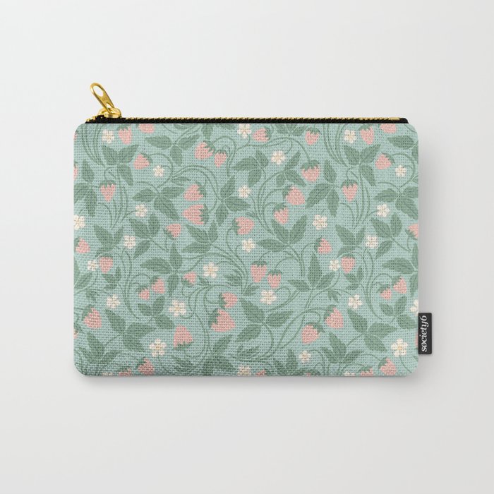 Strawberries - dusty pink and green on sky blue Carry All Pouch Gallery Image 1