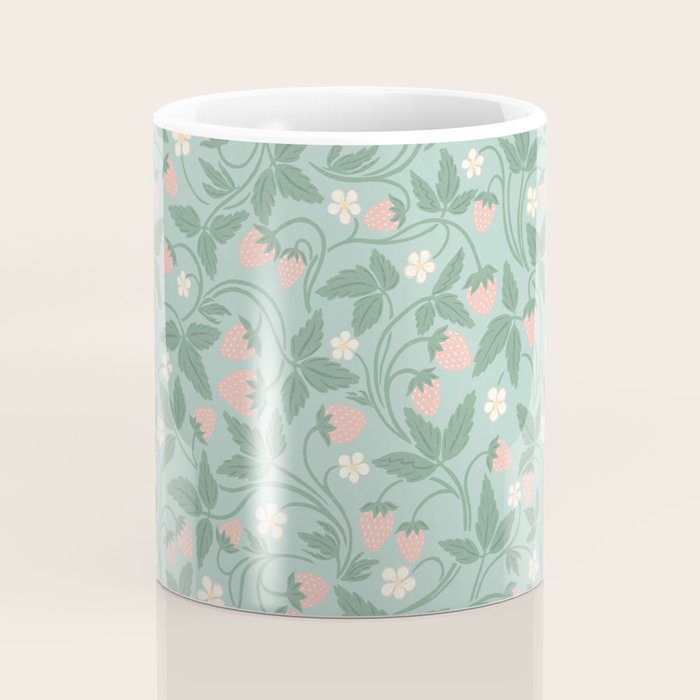 Strawberries - dusty pink and green on sky blue Coffee Mug Gallery Image 4