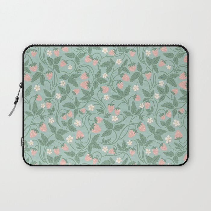 Strawberries - dusty pink and green on sky blue Laptop Sleeve Gallery Image 1