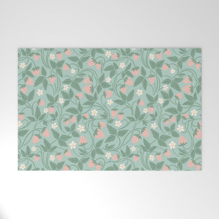 Strawberries - dusty pink and green on sky blue Welcome Mat Gallery Image 1