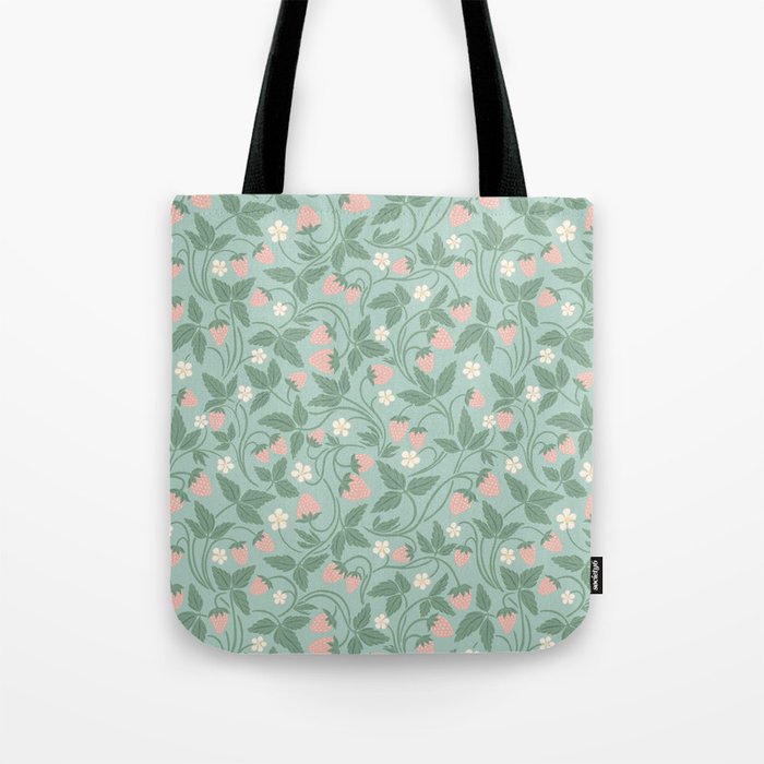 Strawberries - dusty pink and green on sky blue Tote Bag Gallery Image 1