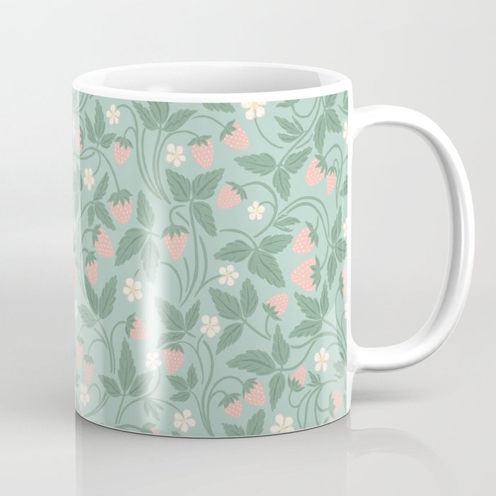 Strawberries - dusty pink and green on sky blue Coffee Mug Gallery Image 1