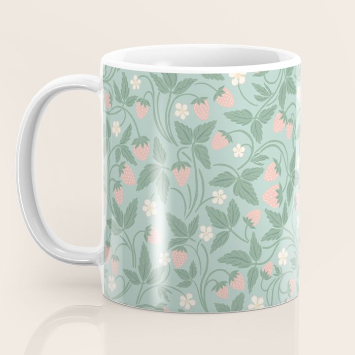 Strawberries - dusty pink and green on sky blue Coffee Mug Gallery Image 3
