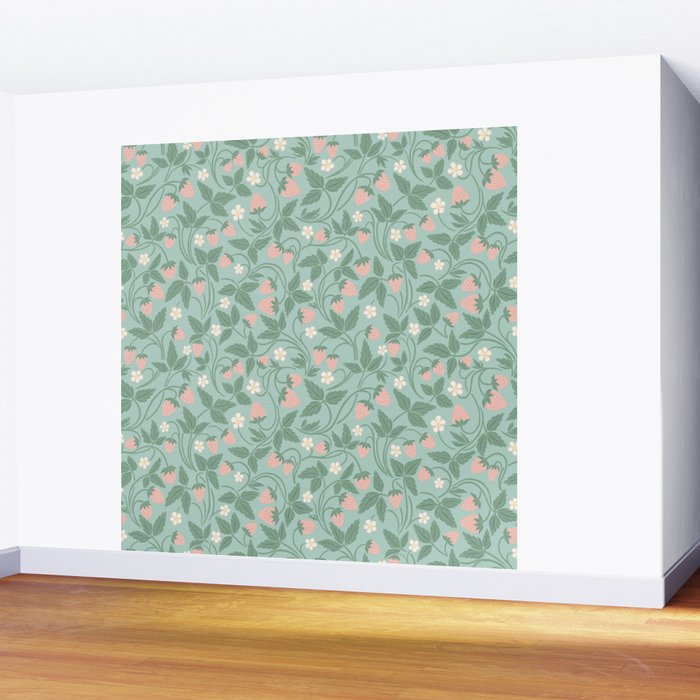 Strawberries - dusty pink and green on sky blue Wall Mural Gallery Image 2