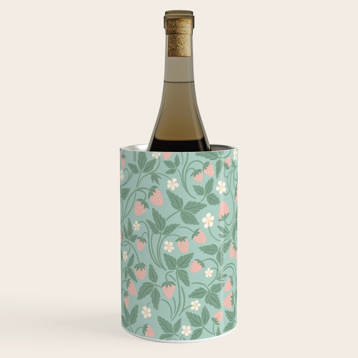 Strawberries - dusty pink and green on sky blue Wine Chiller Gallery Image 3