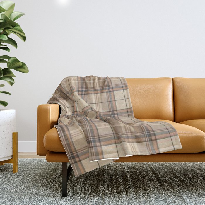 Beige Brown Tartan Plaid Pattern Throw Blanket Gallery Image 1