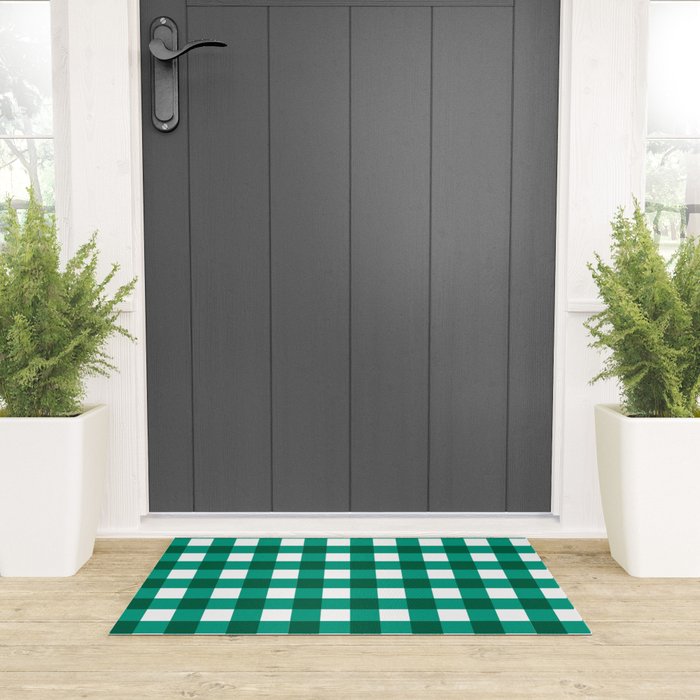 Classic Green Gingham Checkered Pattern Welcome Mat Gallery Image 3