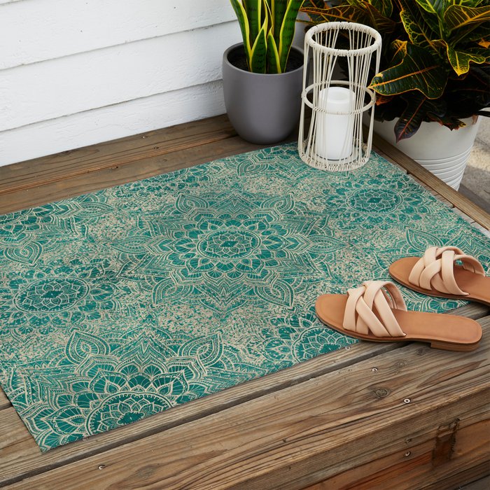 Azure teal Boho Jewel Mandala Outdoor Rug Gallery Image 2