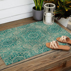 Azure teal Boho Jewel Mandala Outdoor Rug Gallery Image 2