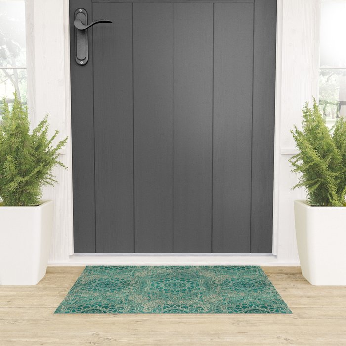 Azure teal Boho Jewel Mandala Welcome Mat Gallery Image 3