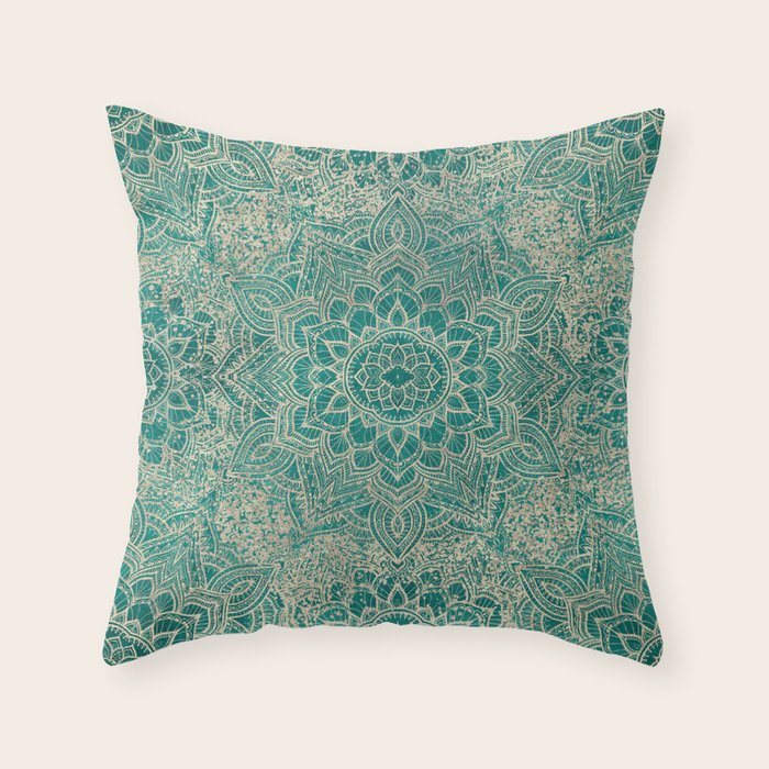 Azure teal Boho Jewel Mandala Throw Pillow Gallery Image 1
