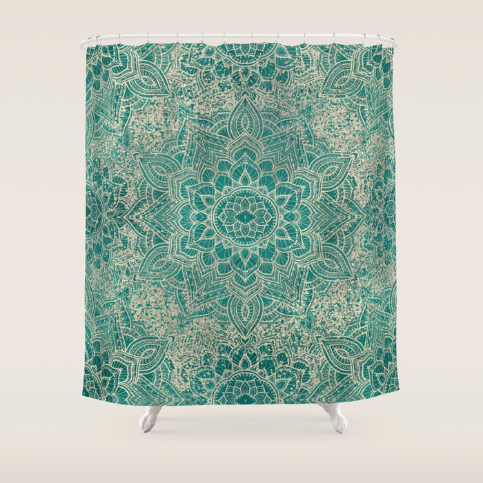 Azure teal Boho Jewel Mandala Shower Curtain Gallery Image 1