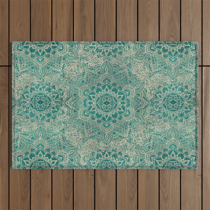 Azure teal Boho Jewel Mandala Outdoor Rug Gallery Image 1