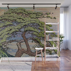 The Downwards Climbing - Summer Tree & Mountain Ukiyoe Nature Landscape in Green Wall Mural Gallery Image 1