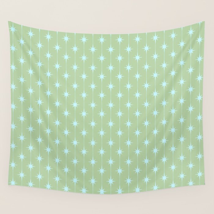 Mid Century Modern Atomic Stars and Dots Retro Pattern in Sage Green and Light Aqua Wall Tapestry Gallery Image 4