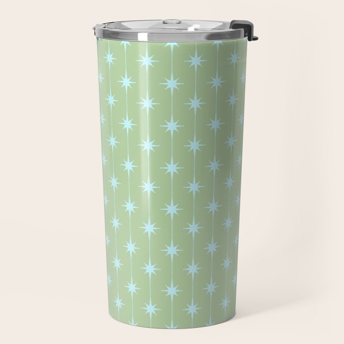 Mid Century Modern Atomic Stars and Dots Retro Pattern in Sage Green and Light Aqua Travel Mug Gallery Image 2