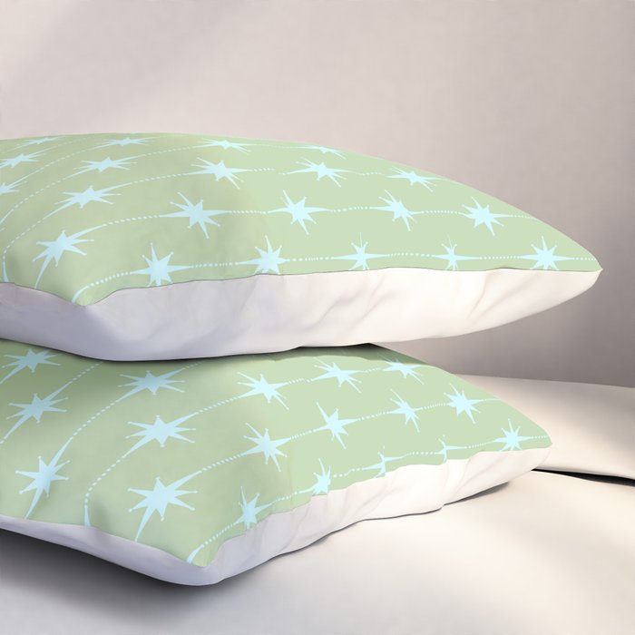 Mid Century Modern Atomic Stars and Dots Retro Pattern in Sage Green and Light Aqua Pillow Sham Gallery Image 3