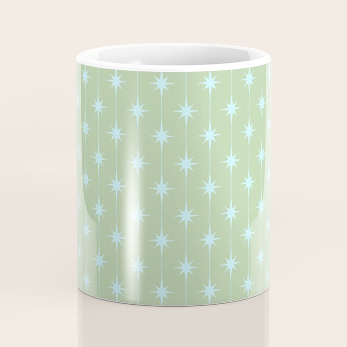 Mid Century Modern Atomic Stars and Dots Retro Pattern in Sage Green and Light Aqua Coffee Mug Gallery Image 4