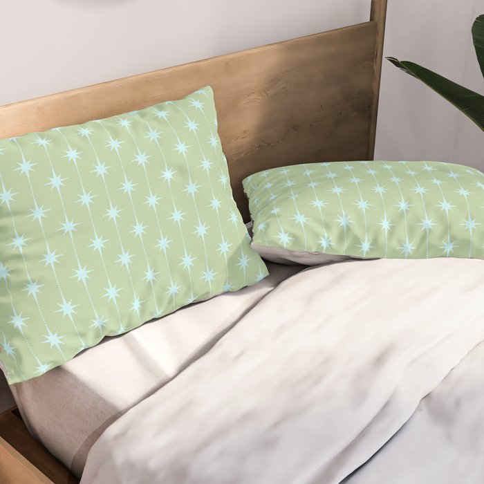 Mid Century Modern Atomic Stars and Dots Retro Pattern in Sage Green and Light Aqua Pillow Sham Gallery Image 2