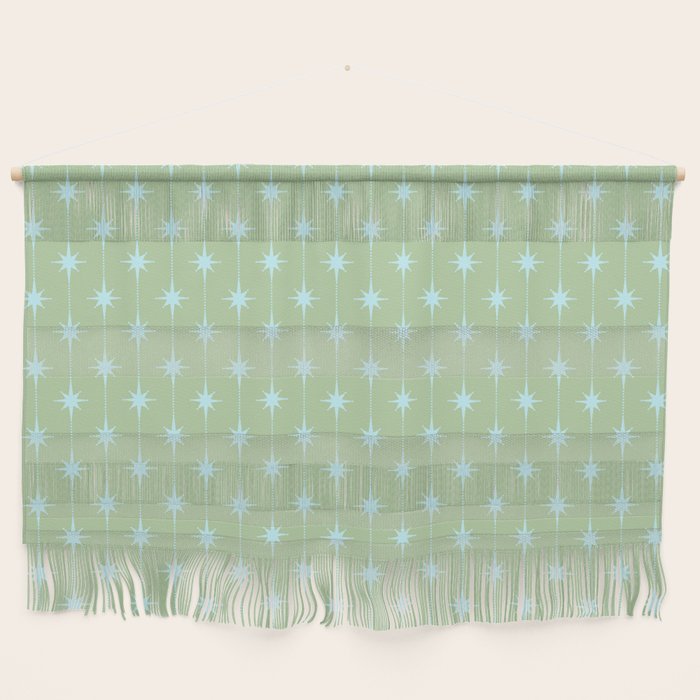 Mid Century Modern Atomic Stars and Dots Retro Pattern in Sage Green and Light Aqua Wall Hanging Gallery Image 1