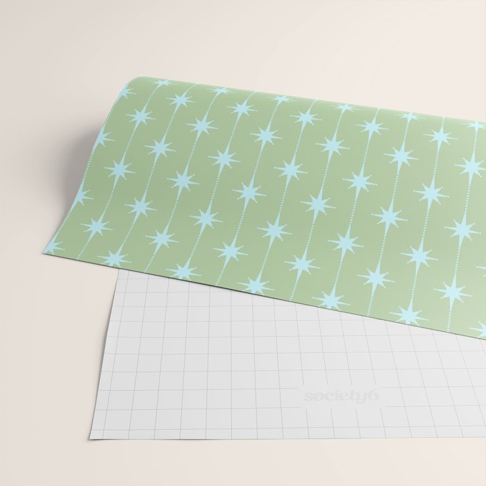 Mid Century Modern Atomic Stars and Dots Retro Pattern in Sage Green and Light Aqua Wrapping Paper Gallery Image 2