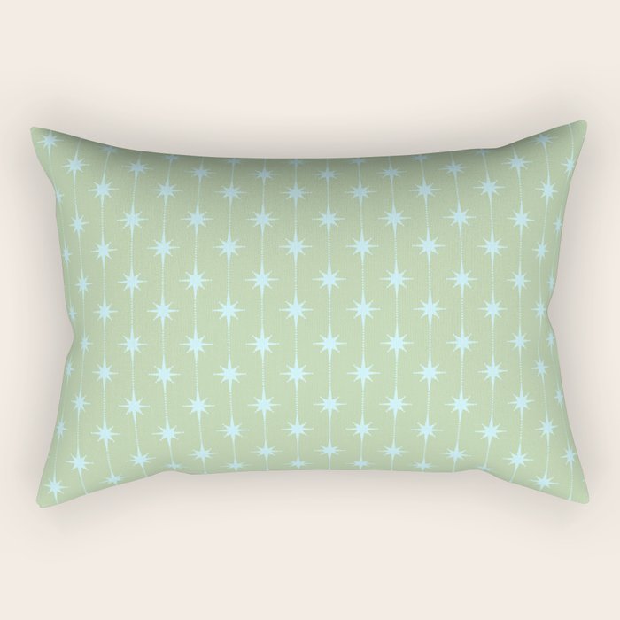 Mid Century Modern Atomic Stars and Dots Retro Pattern in Sage Green and Light Aqua Rectangular Pillow Gallery Image 1