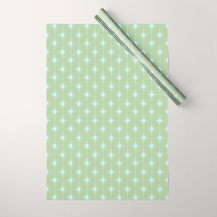 Mid Century Modern Atomic Stars and Dots Retro Pattern in Sage Green and Light Aqua Wrapping Paper Gallery Image 1