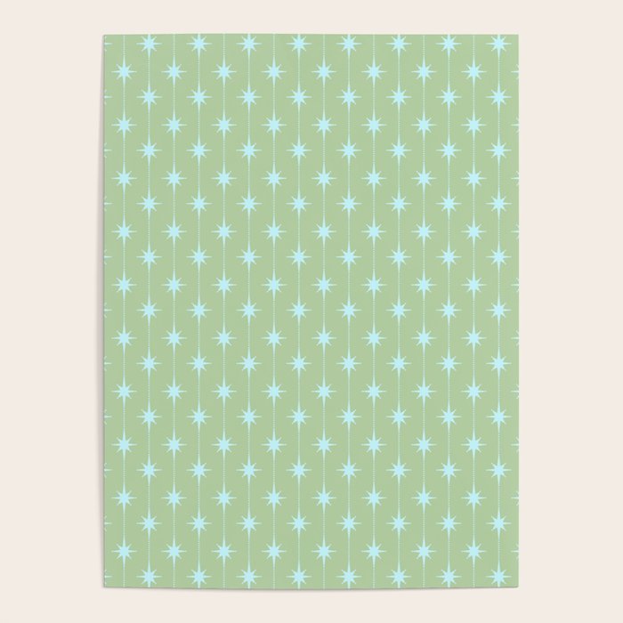 Mid Century Modern Atomic Stars and Dots Retro Pattern in Sage Green and Light Aqua Poster Gallery Image 4