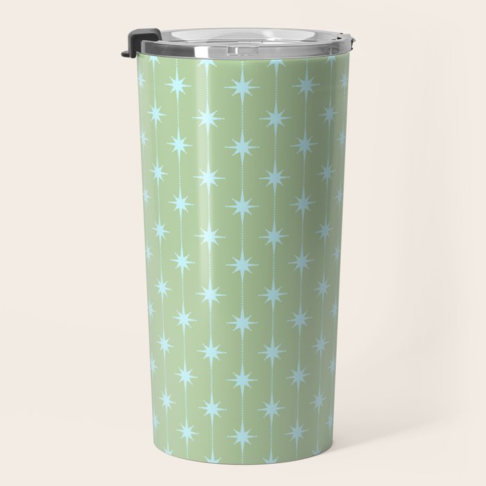 Mid Century Modern Atomic Stars and Dots Retro Pattern in Sage Green and Light Aqua Travel Mug Gallery Image 3