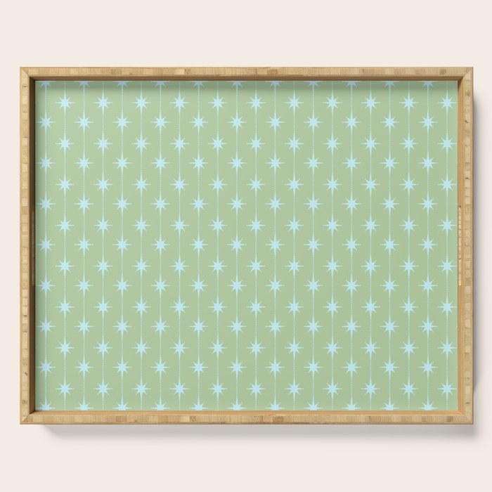 Mid Century Modern Atomic Stars and Dots Retro Pattern in Sage Green and Light Aqua Serving Tray Gallery Image 1