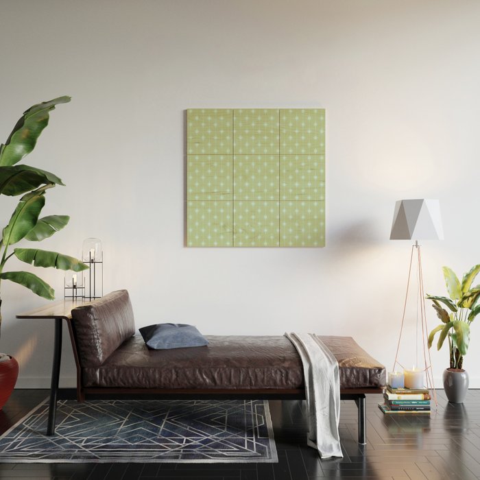 Mid Century Modern Atomic Stars and Dots Retro Pattern in Sage Green and Light Aqua Wood Wall Art Gallery Image 2