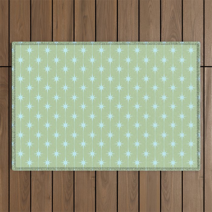 Mid Century Modern Atomic Stars and Dots Retro Pattern in Sage Green and Light Aqua Outdoor Rug Gallery Image 1