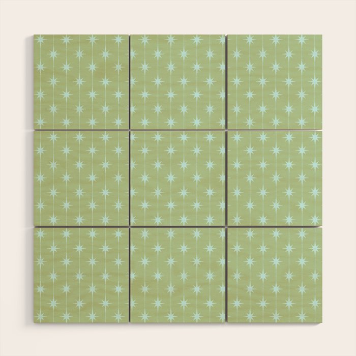 Mid Century Modern Atomic Stars and Dots Retro Pattern in Sage Green and Light Aqua Wood Wall Art Gallery Image 1