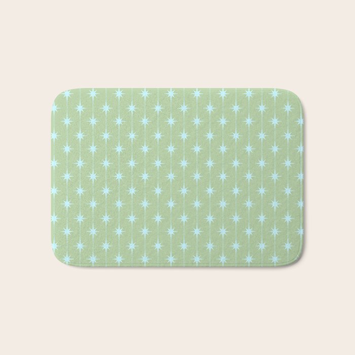 Mid Century Modern Atomic Stars and Dots Retro Pattern in Sage Green and Light Aqua Bath Mat Gallery Image 1