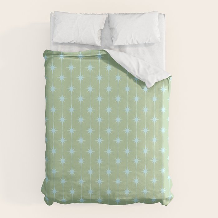 Mid Century Modern Atomic Stars and Dots Retro Pattern in Sage Green and Light Aqua Duvet Cover Gallery Image 1