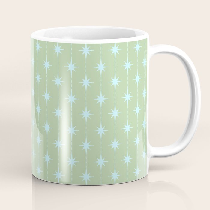 Mid Century Modern Atomic Stars and Dots Retro Pattern in Sage Green and Light Aqua Coffee Mug Gallery Image 1