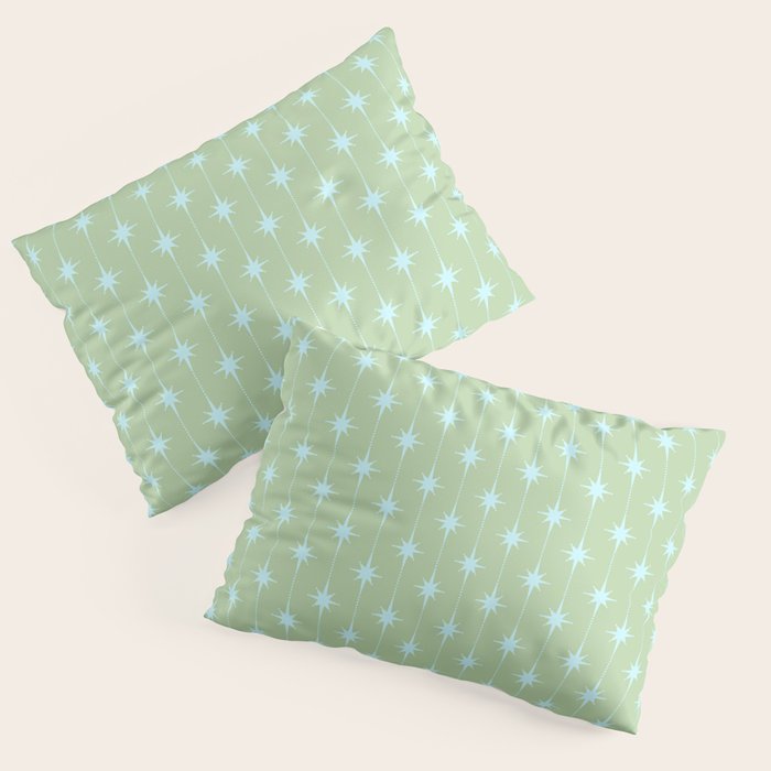 Mid Century Modern Atomic Stars and Dots Retro Pattern in Sage Green and Light Aqua Pillow Sham Gallery Image 1